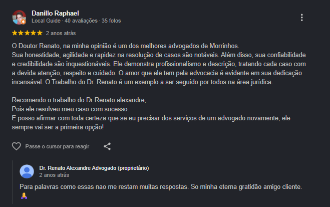 Avaliação 5 estrelas — Danillo Raphael (Local Guide). Recomendação ao Dr. Renato Alexandre por honestidade, agilidade e dedicação.