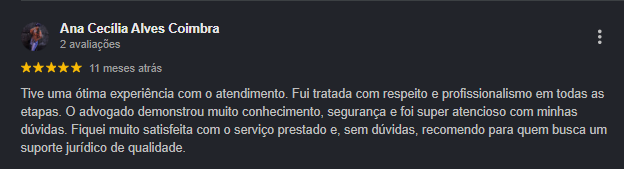 Avaliação 5 estrelas — Ana Cecília Alves Coimbra. Atendimento com respeito e profissionalismo.