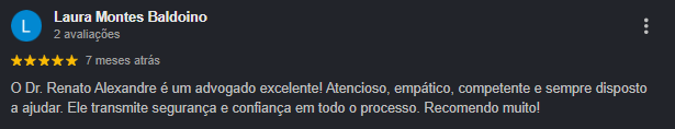 Avaliação 5 estrelas — Laura Montes Baldoino. "Atencioso, empático, competente. Recomendo muito!"